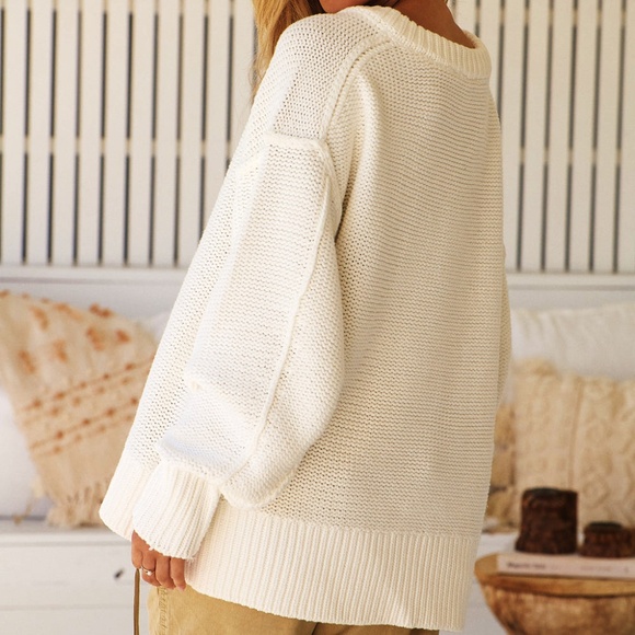 Free People Alli V Neck Sweater Optic White Women’s XL Oversized Chunky Knit - Picture 3 of 12
